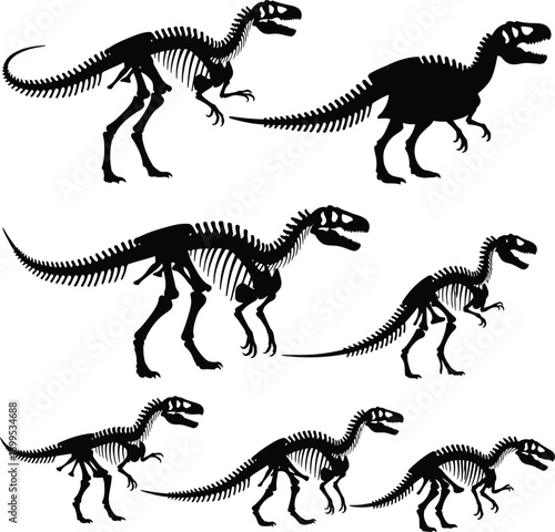 Dinosaur Skeletons Running on White Background