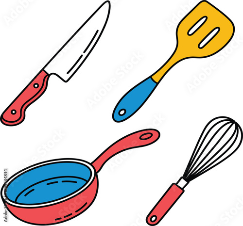 Set of colorful kitchen utensils vector icons including frying pan, chef knife, spatula and whisk, for cooking