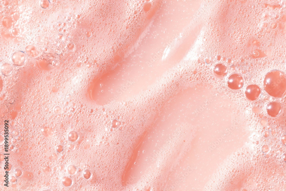 Fototapeta premium Pink foam with bubbles abstract texture background close up. Cosmetic cleansing product fluid with air bubbles. Background for beauty, cosmetic product display.
