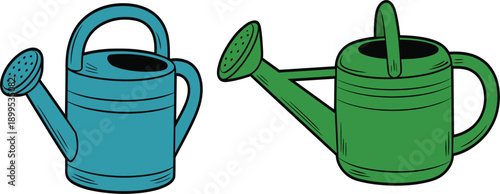 Set of blue and green garden watering can vector icons isolated on white background for gardening project