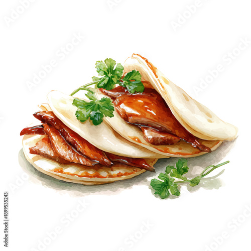 watercolor vector of Peking Duck Pancakes, isolated on a white background.