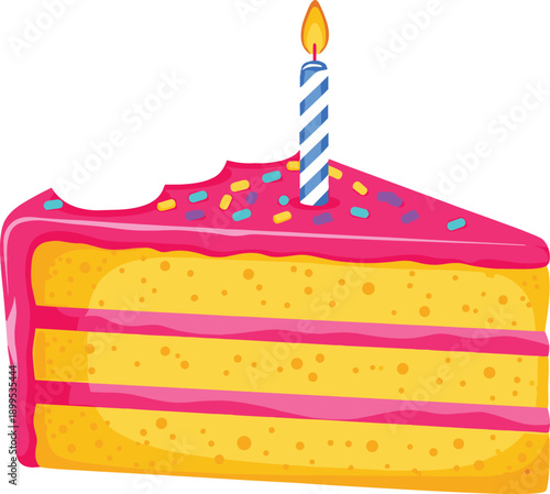 Birthday cake slice with pink frosting, sprinkles, striped candle flame, layered sponge filling, festive celebration dessert vector illustration artwork