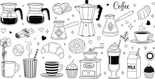 Black and white coffee-themed illustration with cups, pots, pastries, beans, grinder, French press, decorative elements, cozy café vibe