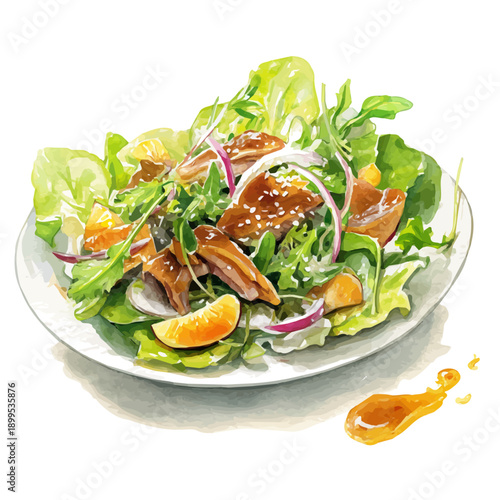 watercolor vector of Peking Duck Salad, isolated on a white background.