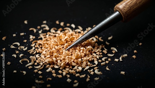 Wood Shavings Scattered on a Dark Surface With a Carving Tool Resting Above Them
