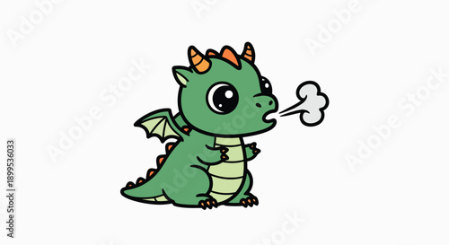 Adorable little green baby dragon blowing steam on white background fantasy cartoon cute character illustration mythical creature