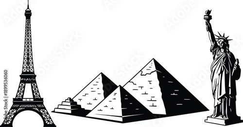 Eiffel Tower, Pyramids, Statue of Liberty and Landmarks, Travel, Tourism
