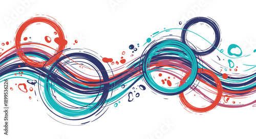 Vibrant swirling colorful circles and lines in red blue and teal on white background