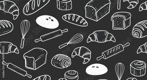 Chalk drawn bakery items seamless pattern black background Bakery Bread Pastries Croissant Doodle Whisk Rollingpin