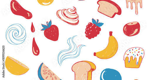 Colorful illustration of various sweet and savory food items on white background