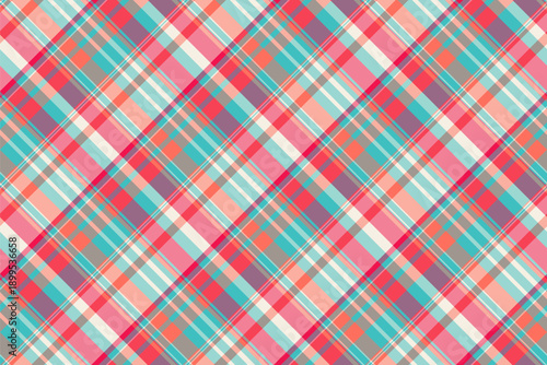 Styling pattern background texture, pink tartan plaid fabric. 70s textile vector seamless check in red and light colors.