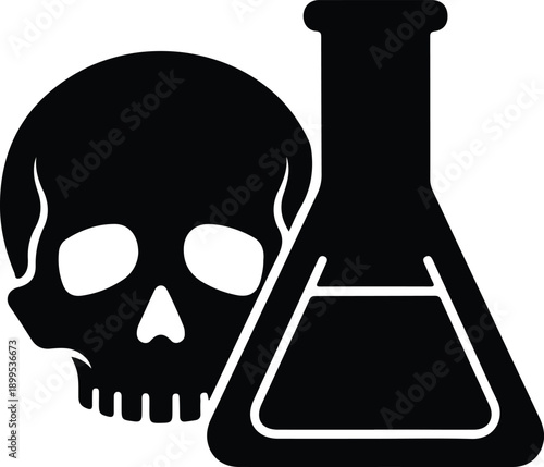 Toxic skull and erlenmeyer flask icon, black silhouette, isolated on transparent background