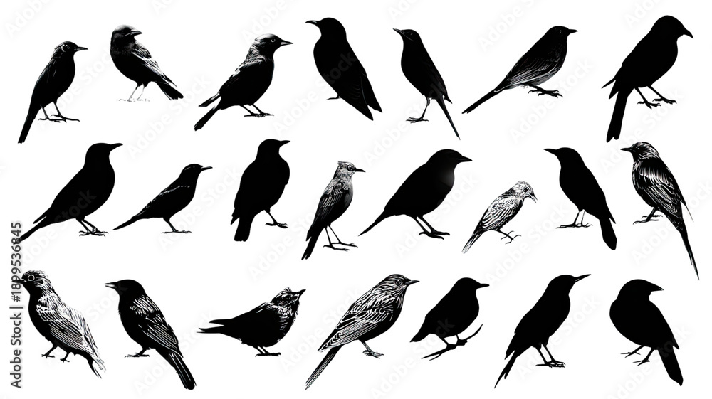 Obraz premium A simple illustration showing a collection of black bird silhouettes with wings spread in nature style vector art