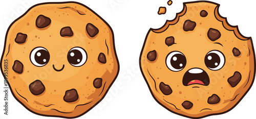 Cartoon vector illustration of chocolate chip cookies with expressive faces, happy and surprised emotions, creative dessert design for kids, food, and playful projects