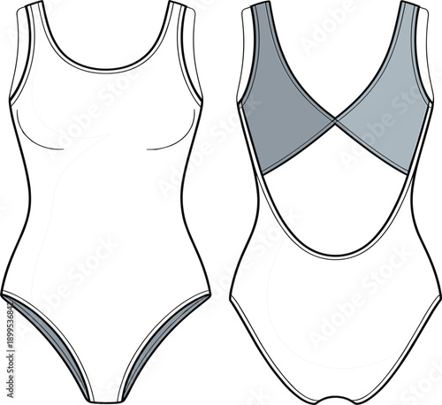 Front and back view of one piece swimsuit technical drawing vector, for fashion design and swimwear