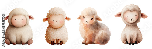 Cute baby lamb collection with cartoon sheep in soft watercolor style. Charming farm animals ideal for kids' illustrations, springtime designs, and playful scenes. Vector illustration.