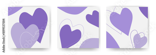 Set of square layouts with purple hearts. Cute romantic templates in lavender. Romantic backgrounds for cards, posts, flyers and other designs. Vector graphics
