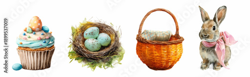 Watercolor Easter bunting. Cute rabbit decorated with pink bow, nest with eggs, Easter cupcake and basket. Hand drawn elements for Easter and spring designs. Vector illustration.