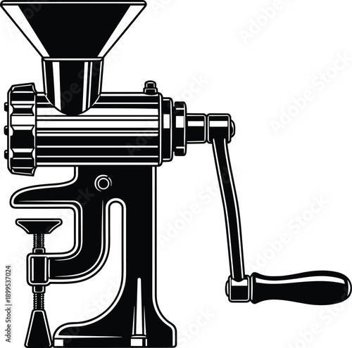 Detailed black and white vector illustration of manual meat grinder, vintage kitchen tool with crank handle, clamp mechanism, funnel hopper, textured chamber
