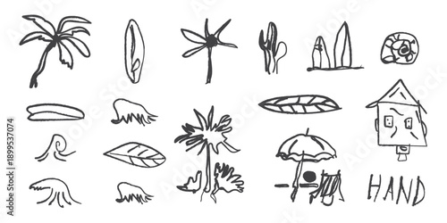 A collection of simple black and white drawings related to beach and travel themes.