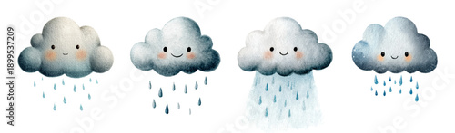 Watercolor cartoon clouds with cute faces and rain elements. Sky characters in soft colors. Transparent PNG set for creative designs and illustrations. Vector illustration.