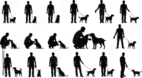 Dog walking silhouette vector illustration, person petting dog, training interaction, leash walking, human animal bond, companionship, care, friendship, outdoor activity, pet owner relationship