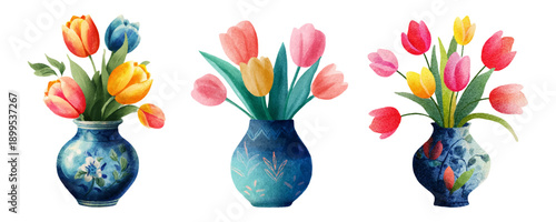 Watercolor spring tulip bouquet in ceramic vase. Vintage floral set with seamless patterns, perfect for March 8th, Mother's Day banners, Easter invitations, botanical backgrounds. Vector illustration.