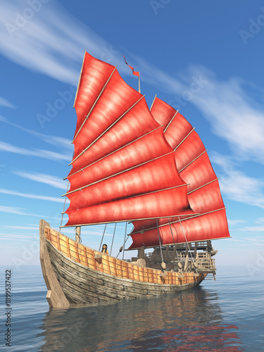 Chinesische Dschunke im offenen Meer