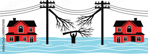 Flooded residential area with submerged houses, fallen tree branches damaging power lines, person struggling in floodwater, natural disaster impact on infrastructure and safety