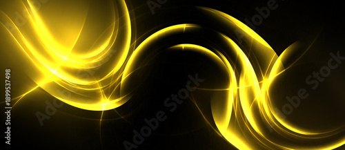 Golden swirls, luminous lines, dark background. Abstract design evokes energy, motion, brilliance. Smooth curves create dynamic visual impact.