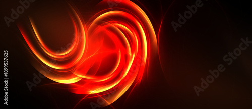 Bright red swirls dominate dark background. Dynamic energy radiates from central point, creating abstract visual impact.