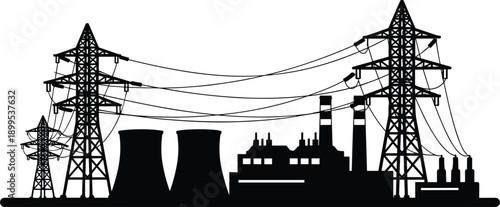 Industrial power plant silhouette with cooling towers, smokestacks, transmission towers, electricity distribution infrastructure, energy grid system, black vector illustration for stock content
