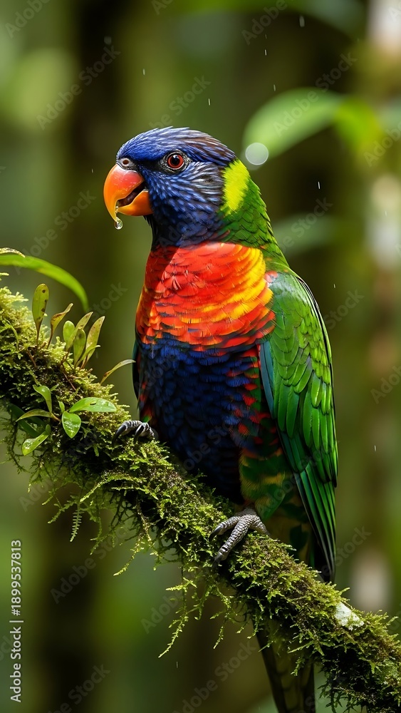 Fototapeta premium Rainbow Lorikeet perched on mossy branch.
