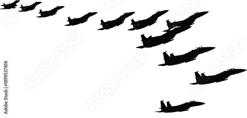 Silhouette fighter jets formation vector illustration, diagonal perspective aviation artwork, military aircraft progression design, modern warplane graphic, scalable motion concept, defense theme