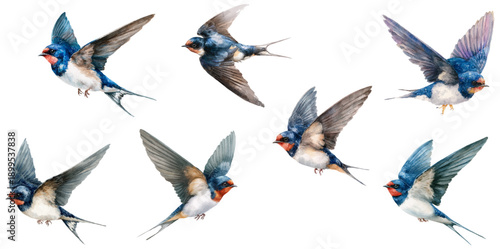 Spring swallow collection in watercolor style. Cute bird illustrations with vintage charm, flight poses, and delicate blue hues ideal for seasonal projects and animal-themed artwork. 