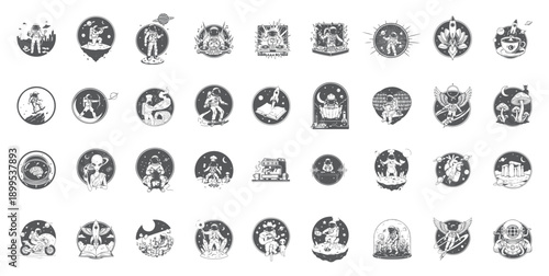 Hand drawn space traveler, mystic moon and astronaut badge set