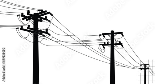 Silhouette utility poles with power lines, electrical infrastructure vector illustration, energy distribution network design, industrial skyline concept, modern technology background art