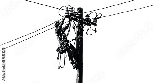 Utility worker climbing power pole with safety gear, helmet, harness, tool belt, repairing electrical infrastructure, insulators, power lines, professional illustration vector