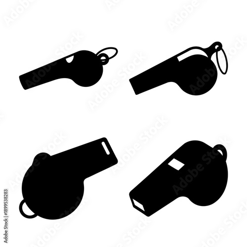 Various black whistle icon silhouettes for sports, coaching, and emergency signaling needs