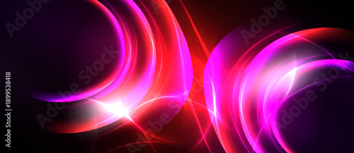 Abstract vibrant design. Bright neon curves intersect, creating dynamic light effects against dark background. Intense energy radiates.