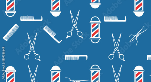 Classic barbershop tools seamless pattern blue background vector barberpole scissors comb hairstyling grooming retro salon pattern