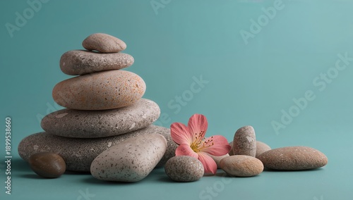 Balance of Stones and a Flower on a Blue Background in a Still Life Setting