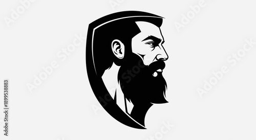 Masculine barbershop logo with bearded man profile in a shield emblem on a light gray background