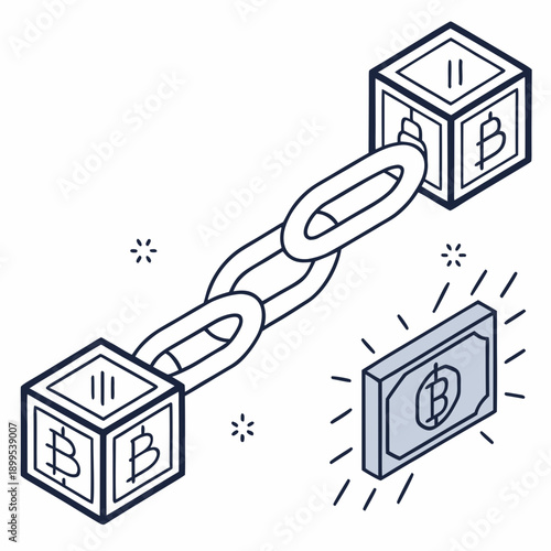 Illustrated depiction of blockchain network connecting digital assets through cryptographic links