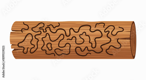 Illustrative damaged wood log with bark beetle traces insect damage woodworm texture vector isolated