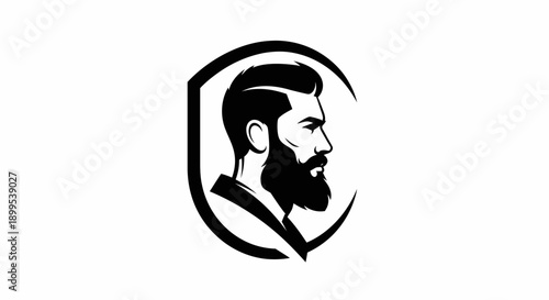 Bold Black and White Logo of a Modern Man's Profile with Stylish Haircut and Beard, Encased in a Shield Shape on Isolated White Background