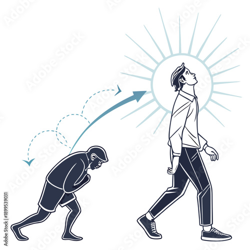 A person growing taller while a smaller version of themselves remains behind in the background