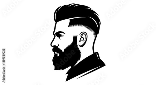 Clean Black and White Vector Portrait of a Modern Man with Trendy Haircut and Beard in Profile View on Isolated White Background