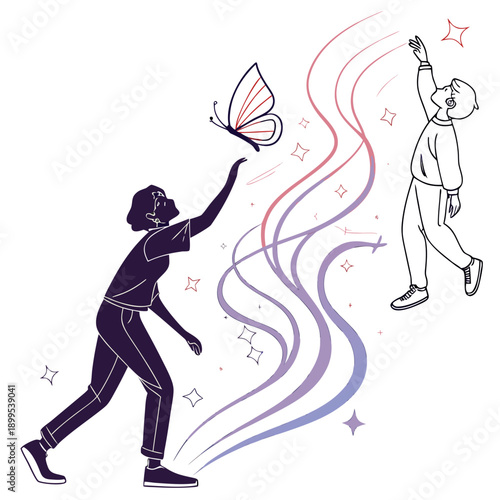 A person painting abstract waves with a brush while floating in the air