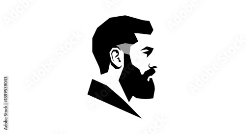 Minimalist Black and White Profile of a Stylish Bearded Man with Modern Haircut on Isolated White Background, Exuding Confidence